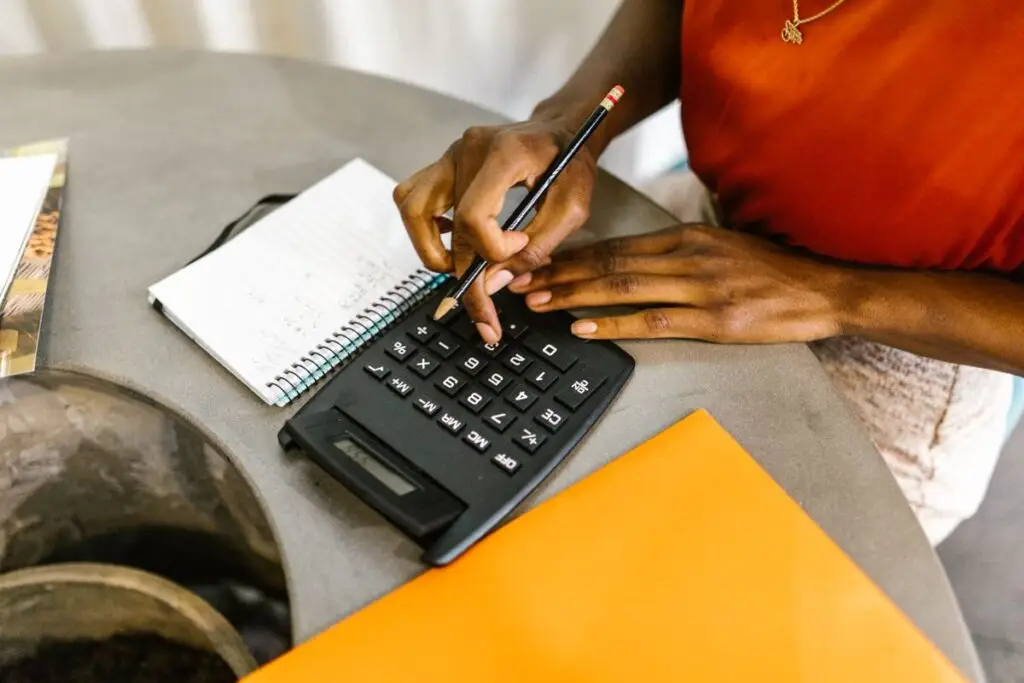 Mulher fazendo o orçamento com calculadora e bloco de notas